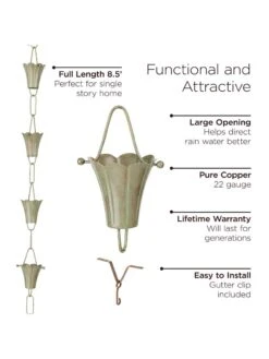 Fluted Flower Pure Copper Rain Chain, 8.5' 15 Fluted Flower Pure Copper Rain Chain, 8.5' -Garden Serie Store 8612742 03v