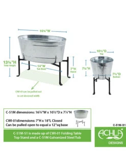 Achla Designs Mini Oval Galvanized Tub With Folding Stand -Garden Serie Store 8612906 04v